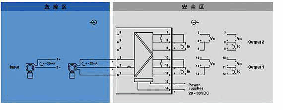 fbe043现场电源配电信号输入隔离式安全栅(一入二出)接线方式