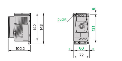 Schneider+B02+ATV12系列带有基座的变频器(单相电源电压:100～120V)+外形尺寸2