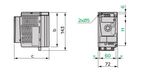 Schneider+B02+ATV12系列带有基座的变频器(单相电源电压:100～120V)+外形尺寸1